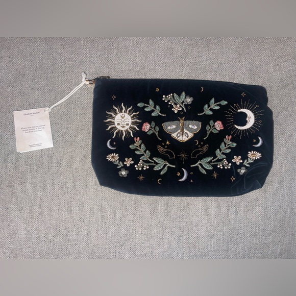 Elizabeth Scarlett Handbags - Embroidered Velvet Moon & Moth Cosmetic Pouch - Black